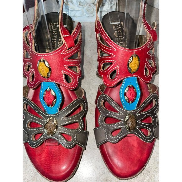 LArtiste Womens Red & Brown Leather Open-Toe Heeled Sandals With Gemstone Accent - Picture 5 of 10